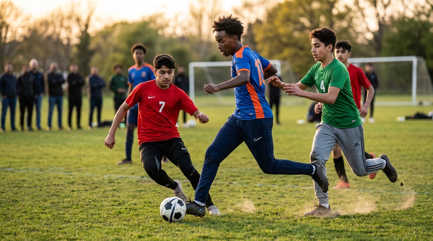 Young players in a competitive soccer match
